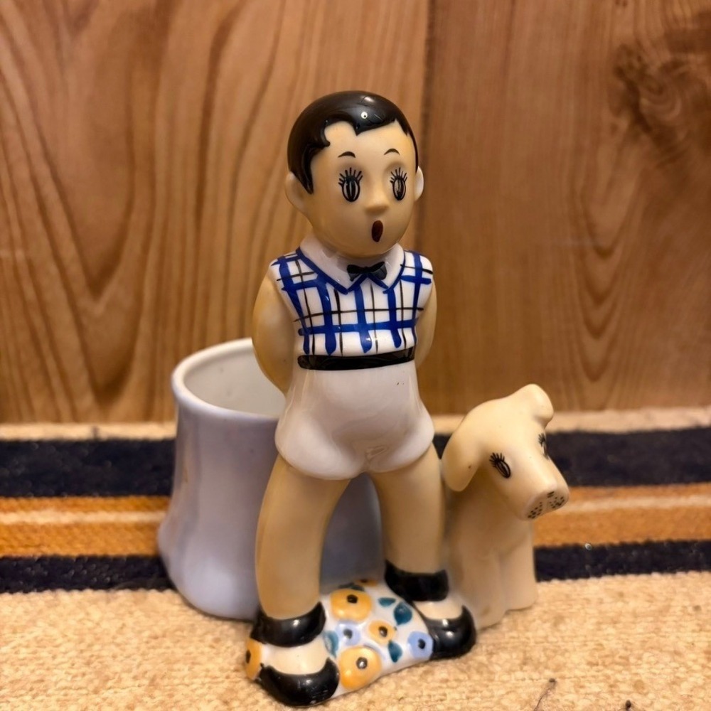 Vintage Japan Ceramic Boy with Dog Tree Stump Planter Figurine Retro